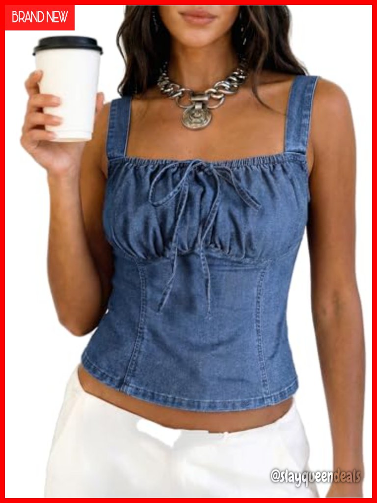 Denim Corset Top Jean Vest Smocked Back Square Neck Crop Top Country Concert